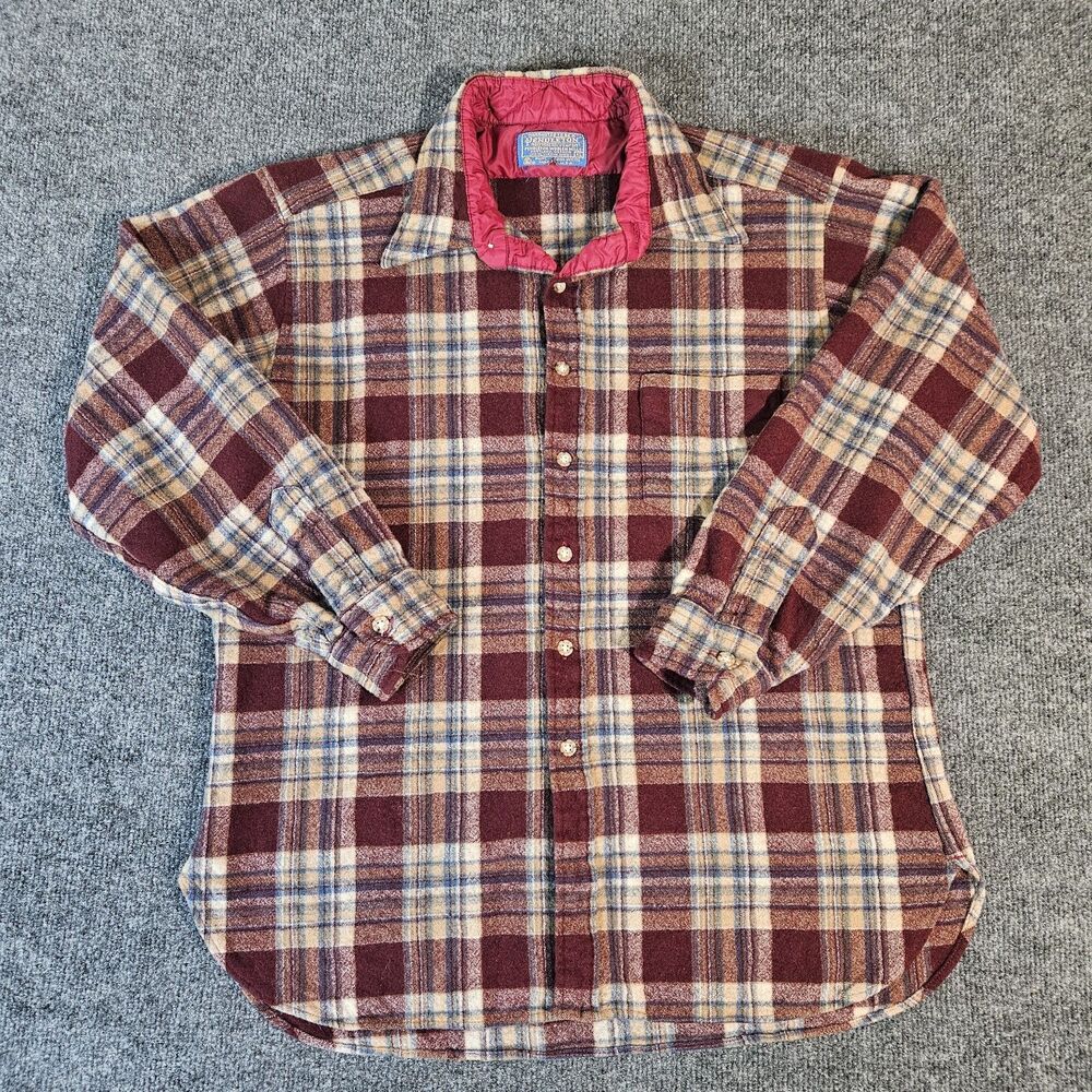 VTG Late 1970 Pendleton Shirt Mens XL Long Maroon Plaid Wool Button Up USA Made